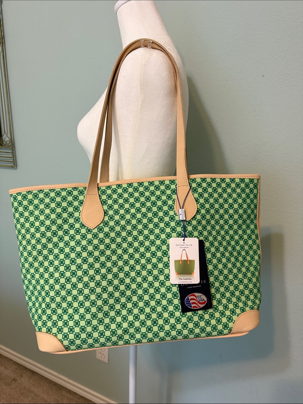 The Isabella Green Patterned Tote with Beige Trim and Leather Handles